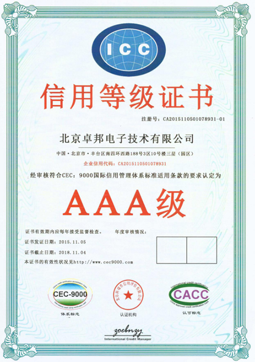 3A级信用等级证书